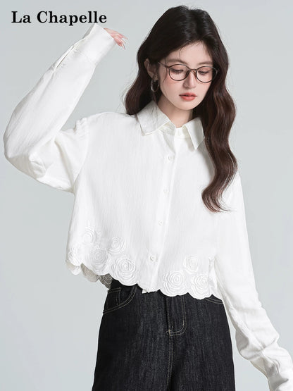 La Chapelle playful literary style lapel white long-sleeved shirt women's floral embroidery versatile shirt short top