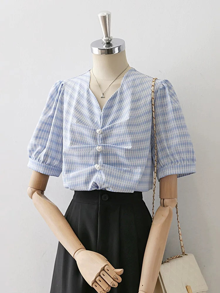 2024 Summer Women's French Light Mature Style V-Neck Blue Shirt Women's Temperament Retro Puff Sleeve Chic Top