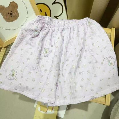 Summer Class A Cotton Yarn Casual Style Shorts Loose Double Layer Yarn Printed Pure Cotton Home Pants Women's High Waist Skin-Friendly Sleep Pants