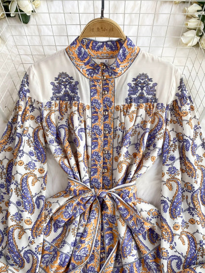 French dress for women 2024 new retro stand-up collar lantern sleeves waist slimming temperament printed ruffle skirt