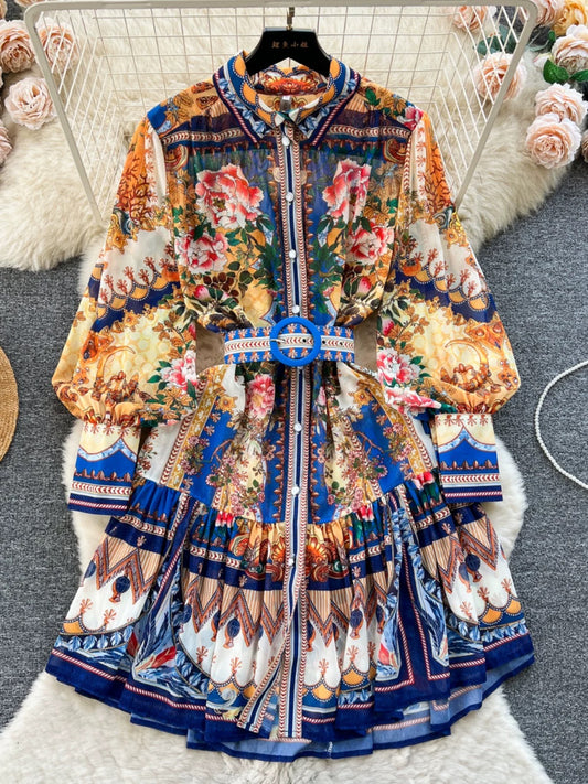French retro palace style dress skirt design printed buttoned slim short temperament dress spring dress for women
