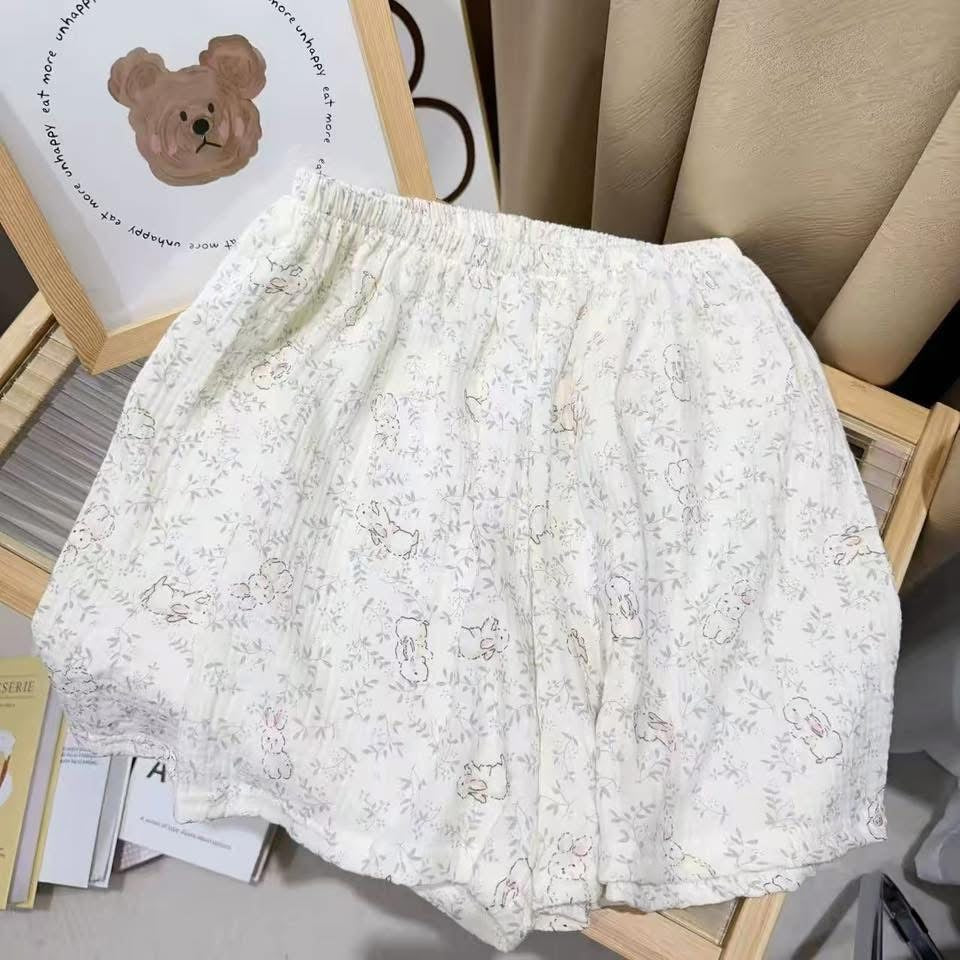 Summer Class A Cotton Yarn Casual Style Shorts Loose Double Layer Yarn Printed Pure Cotton Home Pants Women's High Waist Skin-Friendly Sleep Pants