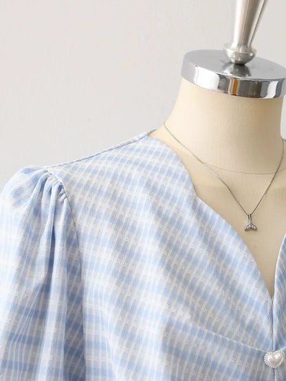 2024 Summer Women's French Light Mature Style V-Neck Blue Shirt Women's Temperament Retro Puff Sleeve Chic Top