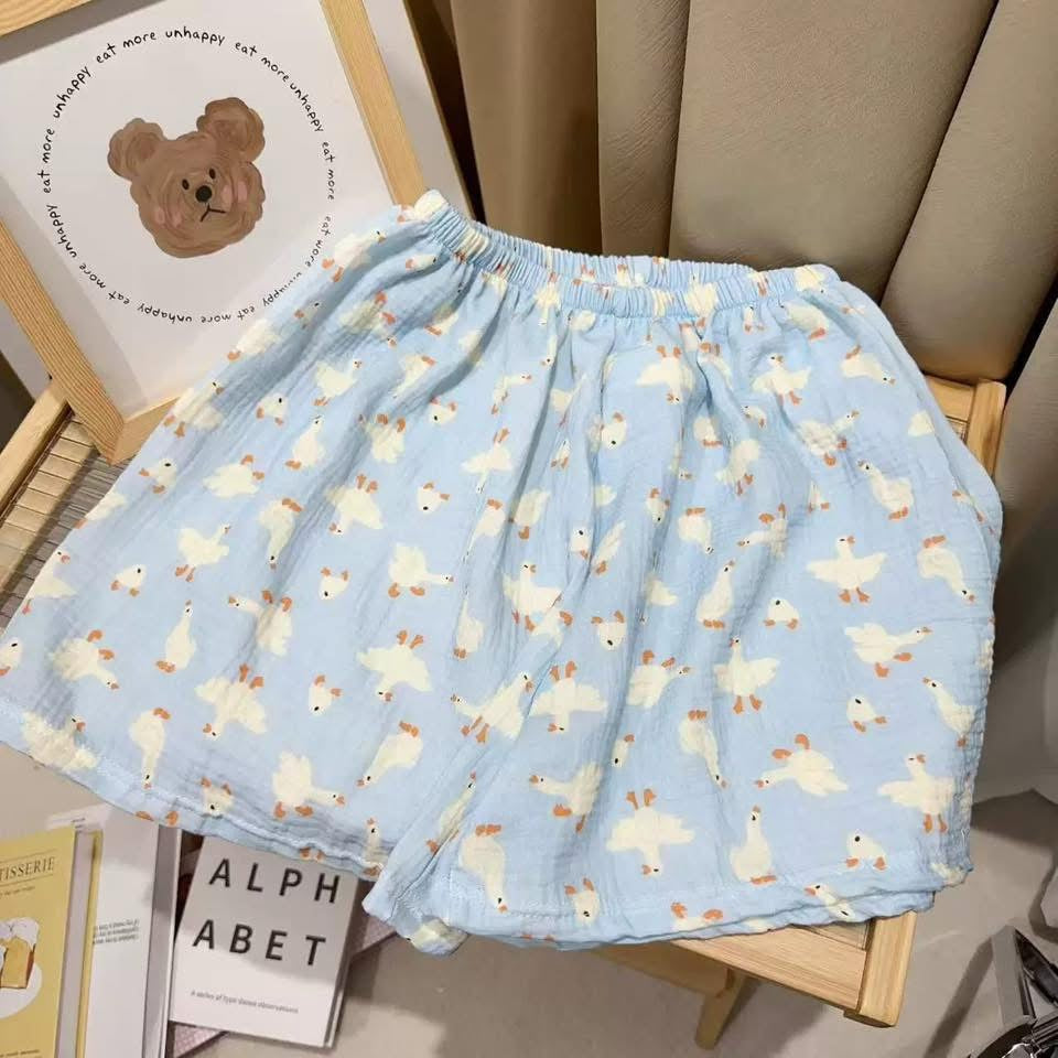 Summer Class A Cotton Yarn Casual Style Shorts Loose Double Layer Yarn Printed Pure Cotton Home Pants Women's High Waist Skin-Friendly Sleep Pants