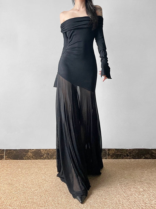 Amyway [French Black Swan] High-end mesh splicing long skirt, slim one-shoulder dress with temperament