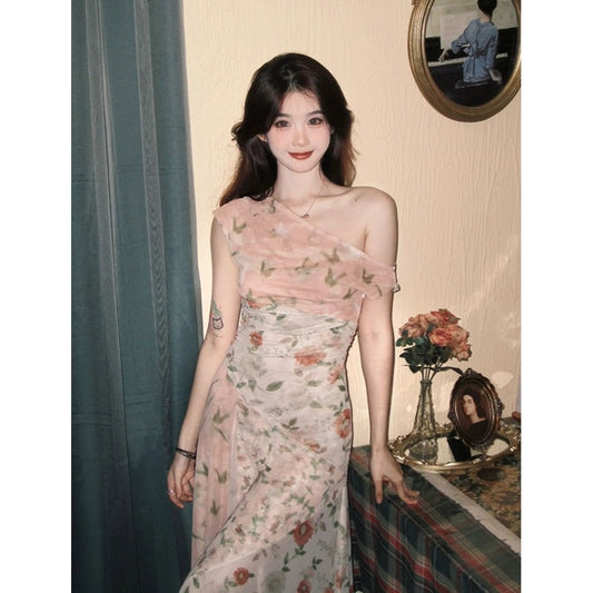 2023 Summer Unique Dress, Super Beautiful Floral Off-Shoulder Mesh Pleated Waist Irregular Slightly Transparent Skirt for Women