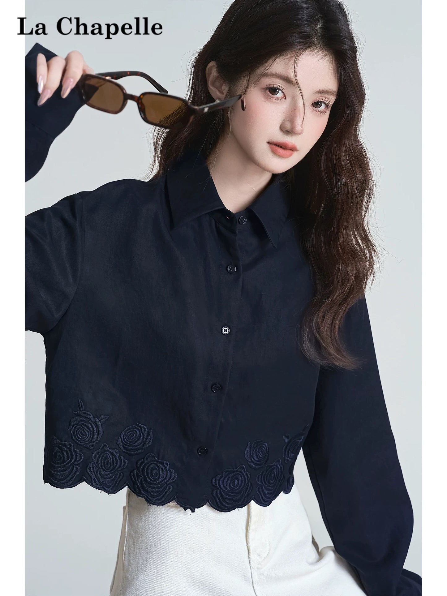 La Chapelle French flower embroidery polo collar long-sleeved shirt women's early autumn loose temperament shirt short top