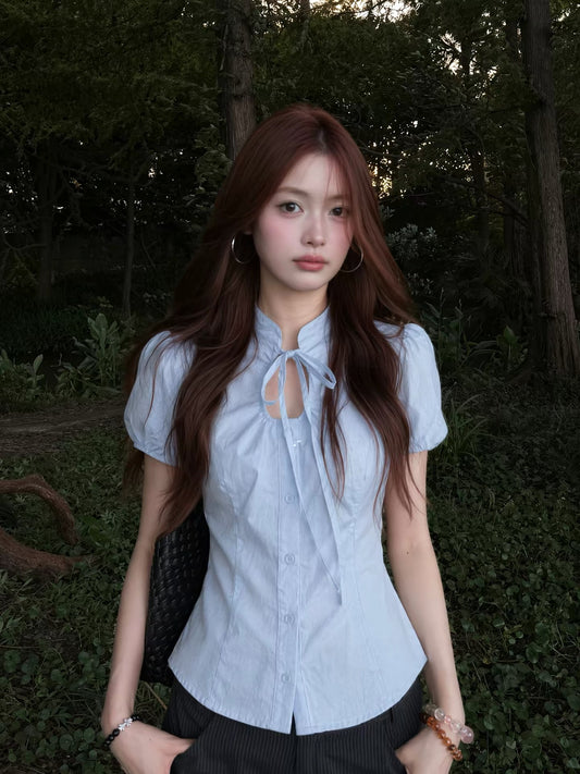 Um11 Women's Summer "New Chinese Style" Blouse: Features a small stand collar, cutout and tie-front details, puff sleeves, and a unique, niche design.