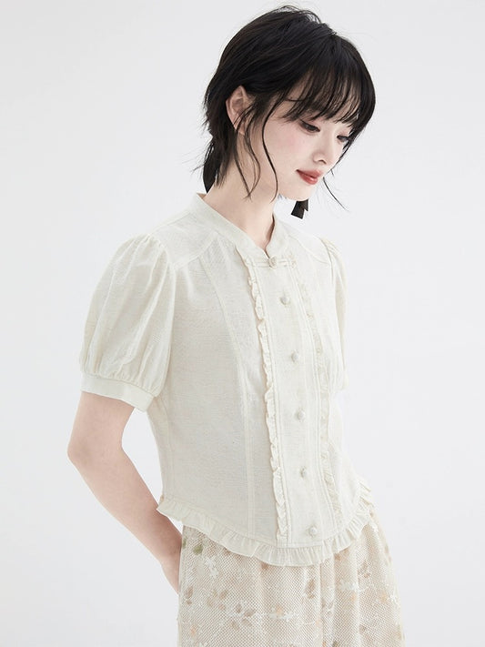 good tailoring new Chinese style cheongsam collar shirt women's summer linen texture age-reducing puff sleeve button top