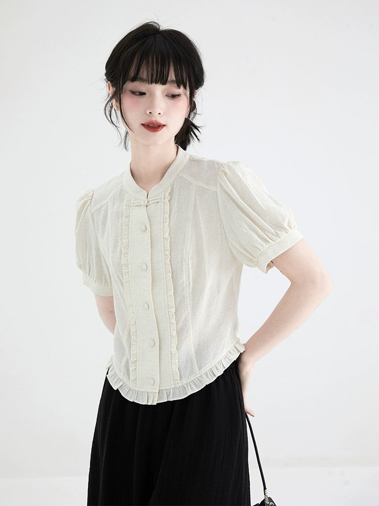 good tailoring new Chinese style cheongsam collar shirt women's summer linen texture age-reducing puff sleeve button top