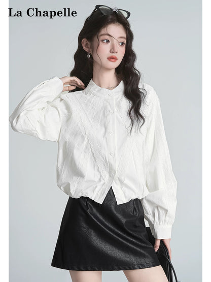 La Chapelle French heavy lace stitching short shirt women's autumn new design niche temperament top
