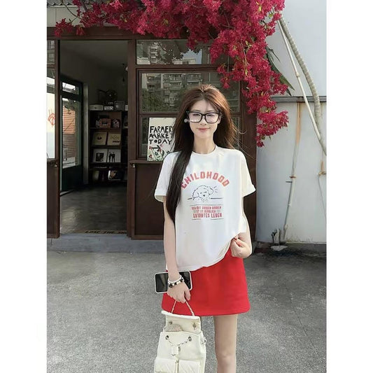WEIZHEN Happy Puppy Crew Neck Ribbed Print Short Loose Simple Versatile Short-Sleeve T-Shirt