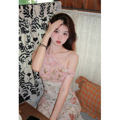 2023 Summer Unique Dress, Super Beautiful Floral Off-Shoulder Mesh Pleated Waist Irregular Slightly Transparent Skirt for Women