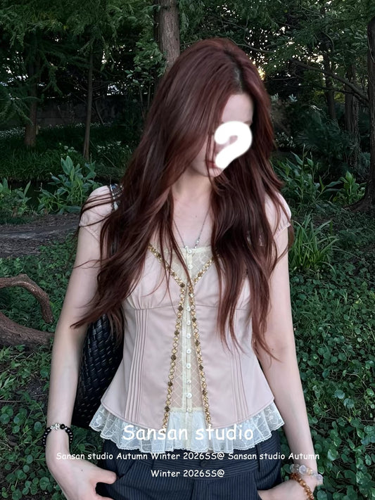 Women's pink short-sleeved "faux-layered" blouse—a slimming, Korean-style summer top featuring scalloped lace detailing.