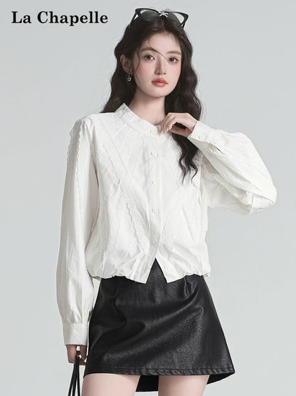 La Chapelle French heavy lace stitching short shirt women's autumn new design niche temperament top