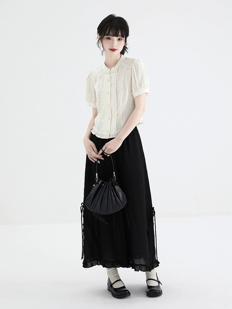 good tailoring new Chinese style cheongsam collar shirt women's summer linen texture age-reducing puff sleeve button top