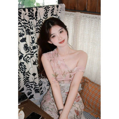 2023 Summer Unique Dress, Super Beautiful Floral Off-Shoulder Mesh Pleated Waist Irregular Slightly Transparent Skirt for Women