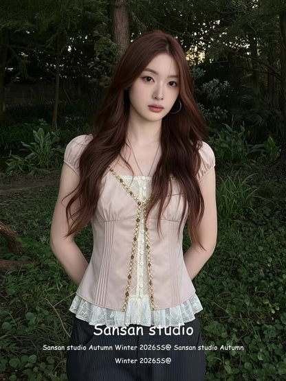 Women's pink short-sleeved "faux-layered" blouse—a slimming, Korean-style summer top featuring scalloped lace detailing.
