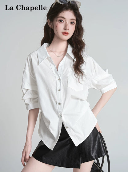 La Chapelle French white Polo collar mid-sleeve shirt women's early autumn temperament versatile loose slim shirt top