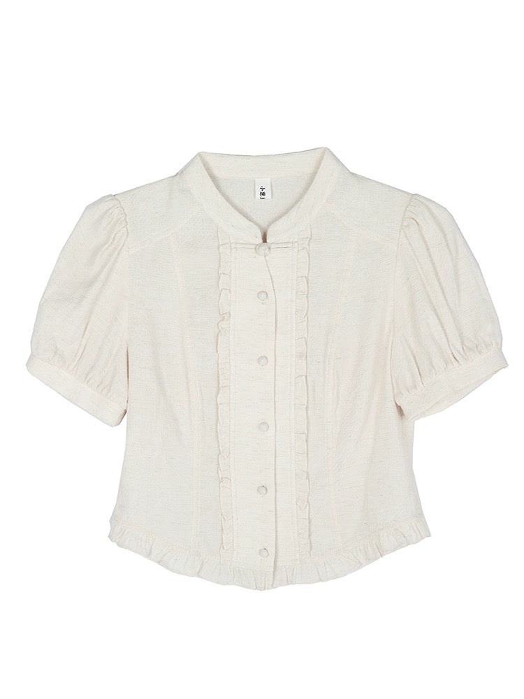 good tailoring new Chinese style cheongsam collar shirt women's summer linen texture age-reducing puff sleeve button top