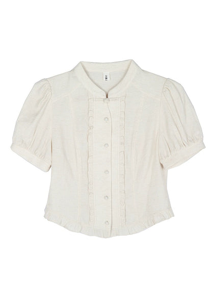 good tailoring new Chinese style cheongsam collar shirt women's summer linen texture age-reducing puff sleeve button top
