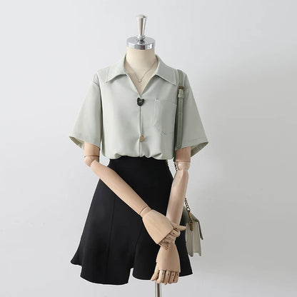 Summer women's clothing new French high-end professional OL apricot shirt female niche button temperament V-neck chic top