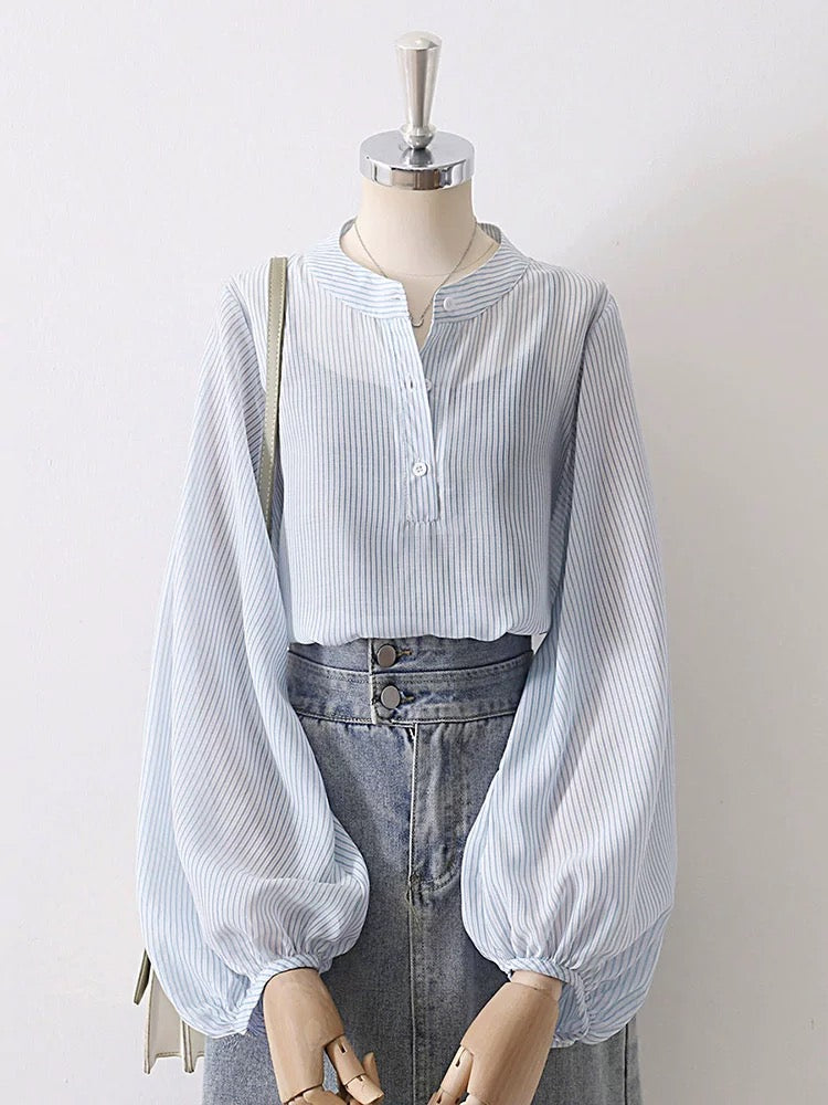 Drape blue striped chiffon shirt women's early autumn thin pullover sunscreen shirt temperament lantern sleeve chic top