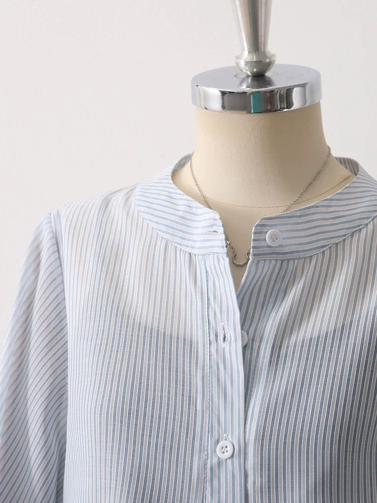Drape blue striped chiffon shirt women's early autumn thin pullover sunscreen shirt temperament lantern sleeve chic top