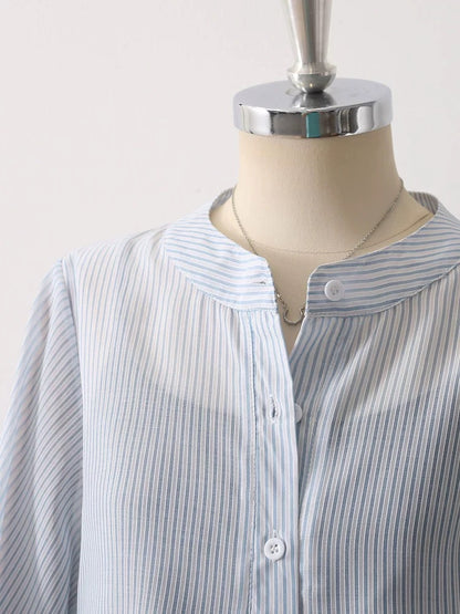 Drape blue striped chiffon shirt women's early autumn thin pullover sunscreen shirt temperament lantern sleeve chic top