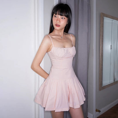 Amyway French pure lust style sweet waist suspender skirt for women vacation chill versatile pleated tutu skirt