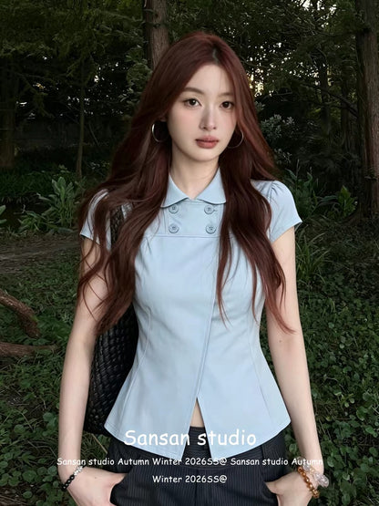 Women's Summer Short-Sleeve Shirt with Peter Pan Collar – Stylish Structured-Shoulder Design, Slim-Fit "Baby Blue" Korean-Style Top