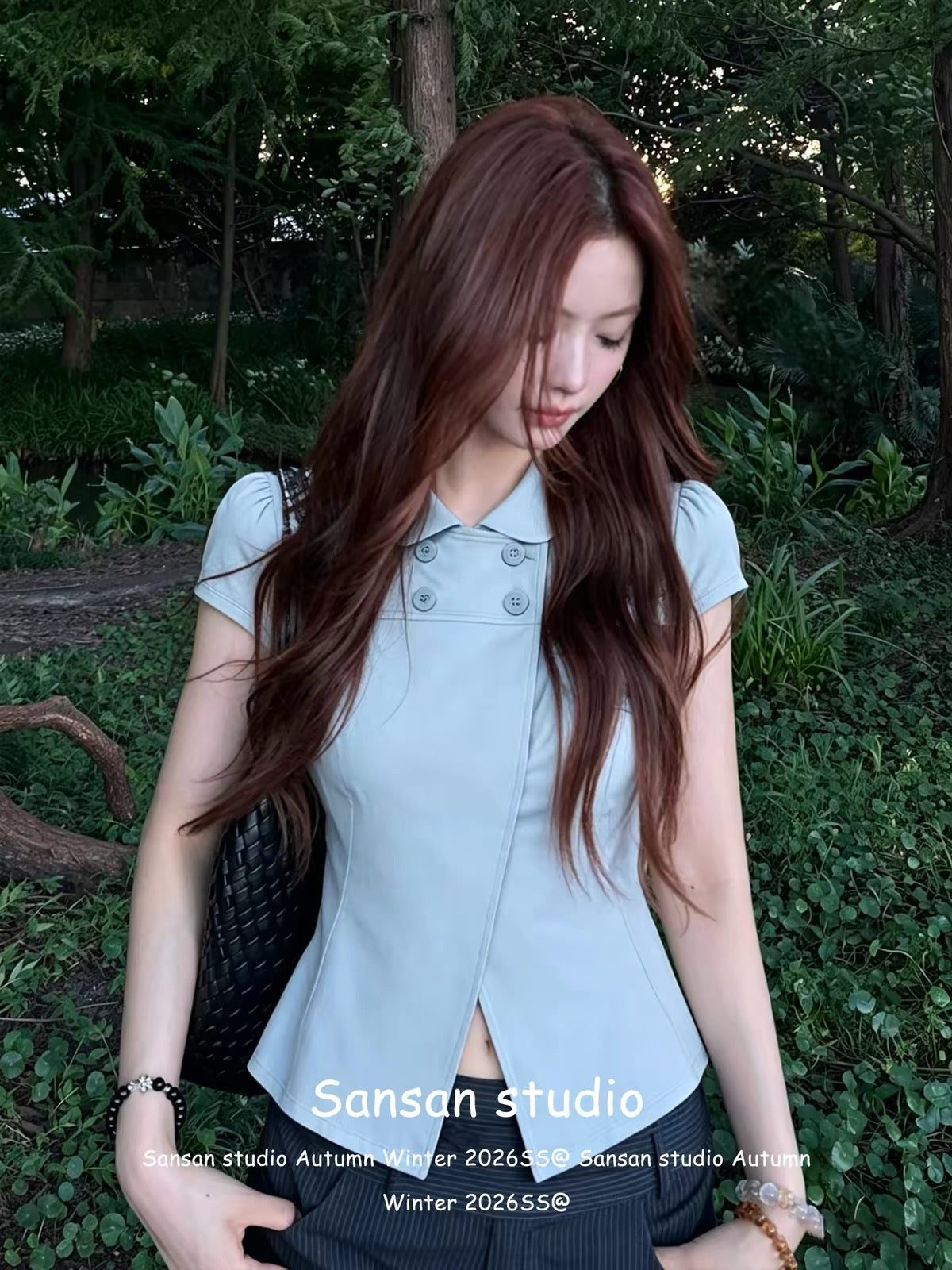 Women's Summer Short-Sleeve Shirt with Peter Pan Collar – Stylish Structured-Shoulder Design, Slim-Fit "Baby Blue" Korean-Style Top