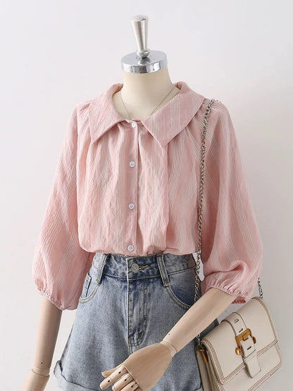 French retro square collar temperament lantern sleeve pink striped shirt female 2024 summer women's clothing five-point sleeve chic top