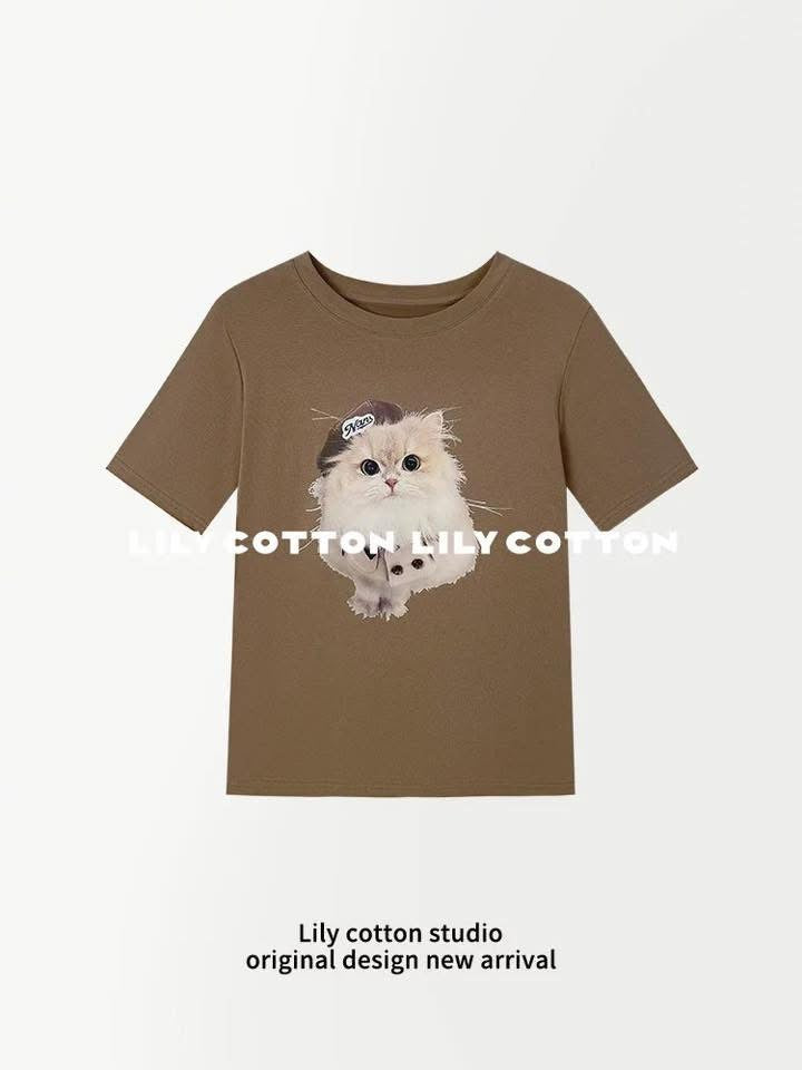 Kitten T-shirt with cartoon cat print, stylish, youthful, versatile, and slimming short-sleeved T-shirt XR-271115