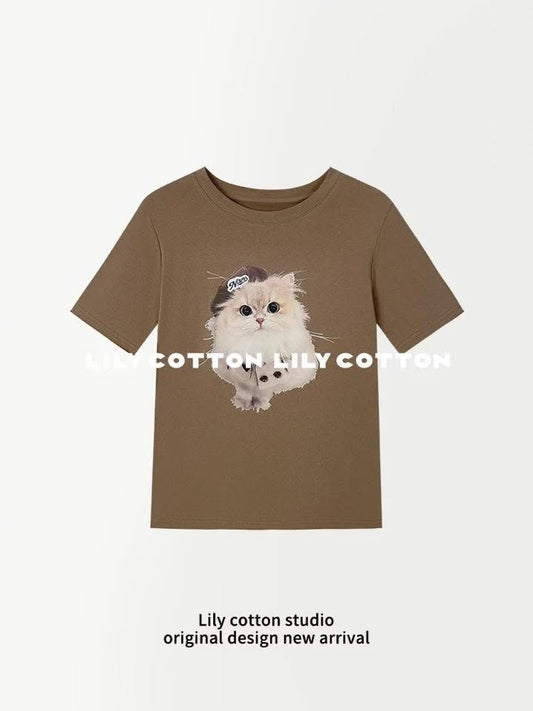 Kitten T-shirt with cartoon cat print, stylish, youthful, versatile, and slimming short-sleeved T-shirt XR-271115