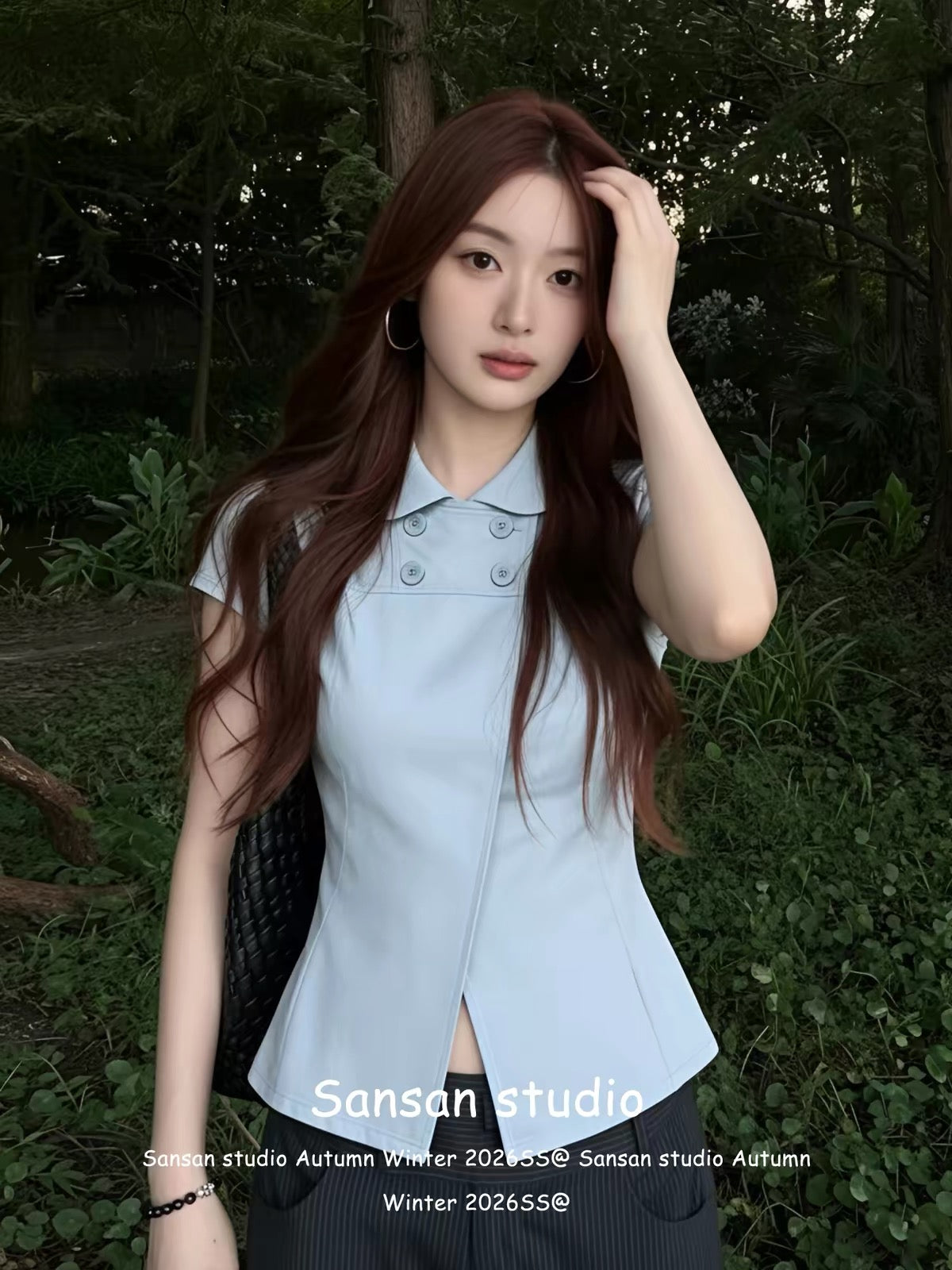 Women's Summer Short-Sleeve Shirt with Peter Pan Collar – Stylish Structured-Shoulder Design, Slim-Fit "Baby Blue" Korean-Style Top