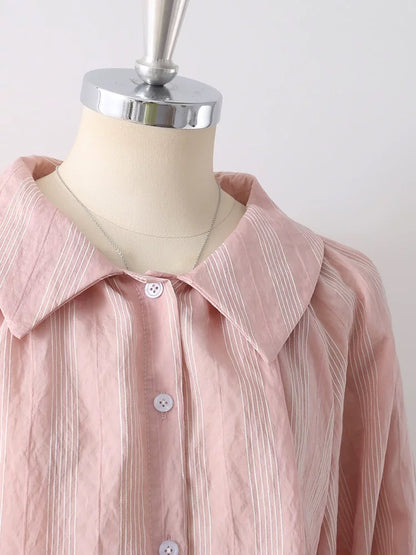 French retro square collar temperament lantern sleeve pink striped shirt female 2024 summer women's clothing five-point sleeve chic top