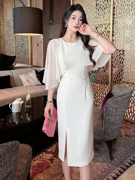 Heavy embroidery, beaded flowers, slim-fitting chiffon cloak, spliced temperament goddess dress, summer mid-length women's wear