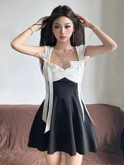 Amyway retro pure lust sexy French one-shoulder short skirt with bow contrast color stitching A-line skirt for women