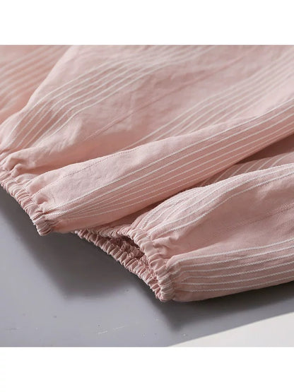 French retro square collar temperament lantern sleeve pink striped shirt female 2024 summer women's clothing five-point sleeve chic top