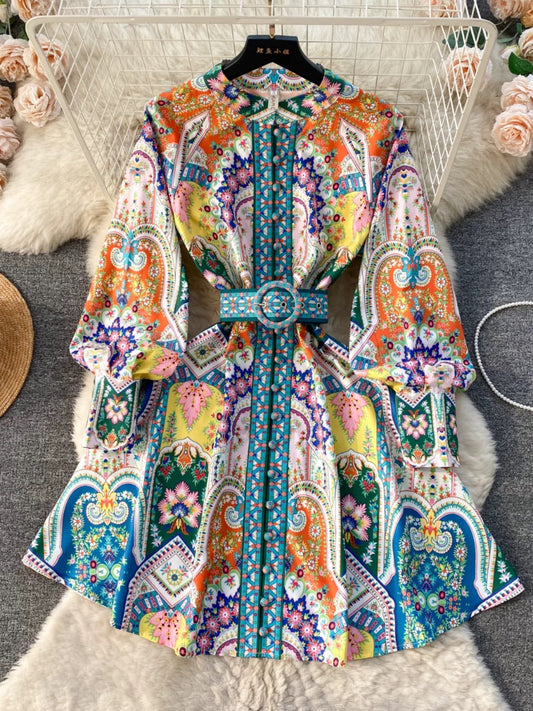 Palace-style mini dress for ladies, high-end design, printed breasted, slim-fitting short dress, puff-sleeve dress for women