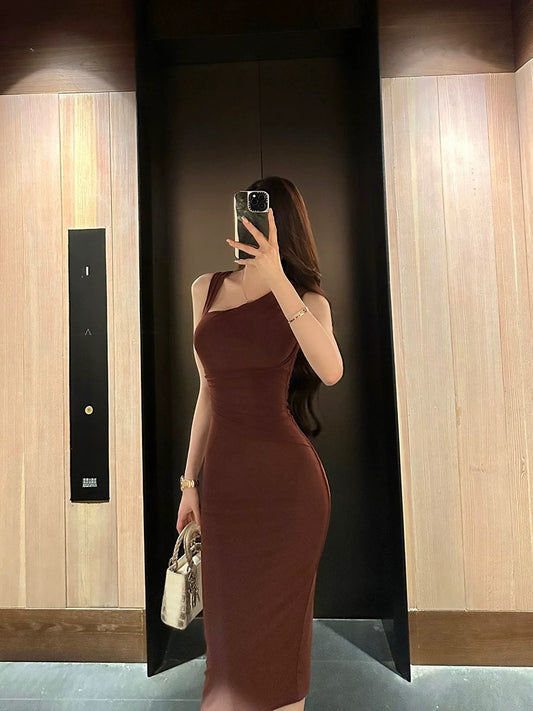 SX Shanxi Dark Brown Irregular V-neck Wrinkle Dress Women's Tight Elastic Temperament Sexy Goddess Hip Skirt
