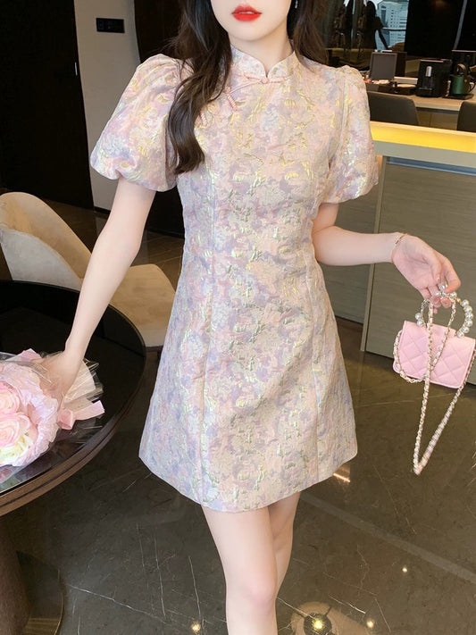 New Chinese style chiffon short-sleeved cheongsam dress summer 2024 new style women's floral small high-end temperament
