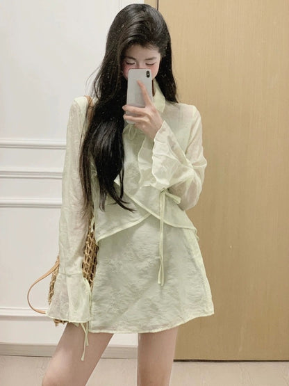 New Chinese style national style celebrity suit for women in summer small person strappy top with high waist and hip skirt two-piece set for women