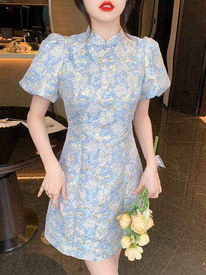 New Chinese style chiffon short-sleeved cheongsam dress summer 2024 new style women's floral small high-end temperament