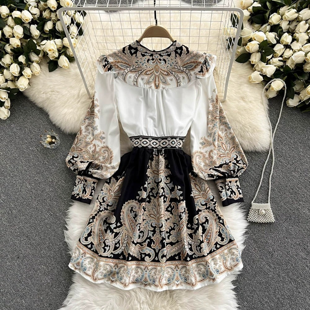 Spring new V-neck lantern sleeve printed dress for women, palace style, mid-length, waisted, petite princess dress
