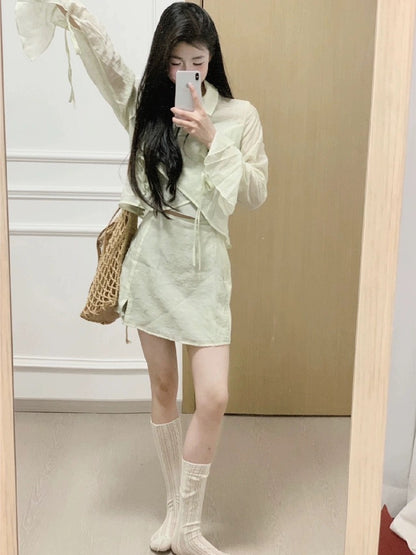 New Chinese style national style celebrity suit for women in summer small person strappy top with high waist and hip skirt two-piece set for women