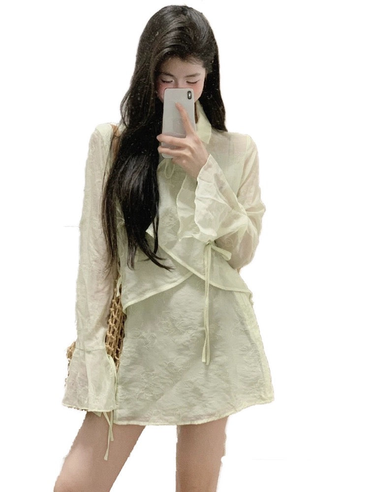 New Chinese style national style celebrity suit for women in summer small person strappy top with high waist and hip skirt two-piece set for women