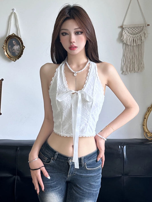 Amyway Pure Desire White Retro Lace Spliced Halter Vest Suspender Bow Tie V Neck Backless Top