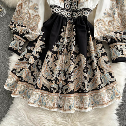 Spring new V-neck lantern sleeve printed dress for women, palace style, mid-length, waisted, petite princess dress